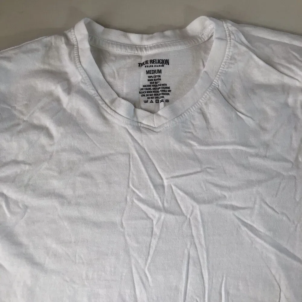 True Religion Brand Jeans T-shirt Silver Metallic Logo White V-neck Size Medium
